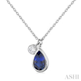 6x4 MM Pear Cut Sapphire and 1/20 Ctw Bezel Set Round Cut Diamond Precious Pendant With Chain in 14K White Gold